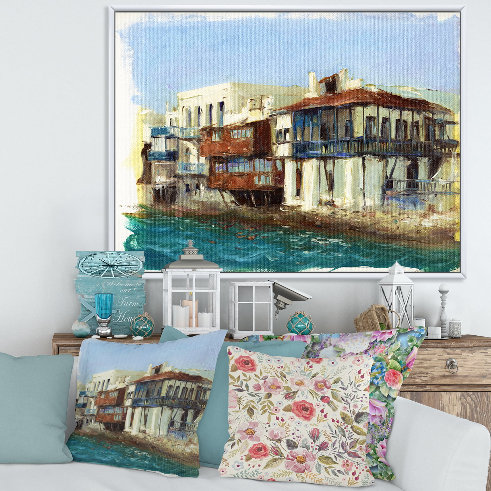Designart 'Impression Old Houses On The Island of Mykonos Greece' Nautical & Coastal Framed Canvas Wall Art Print