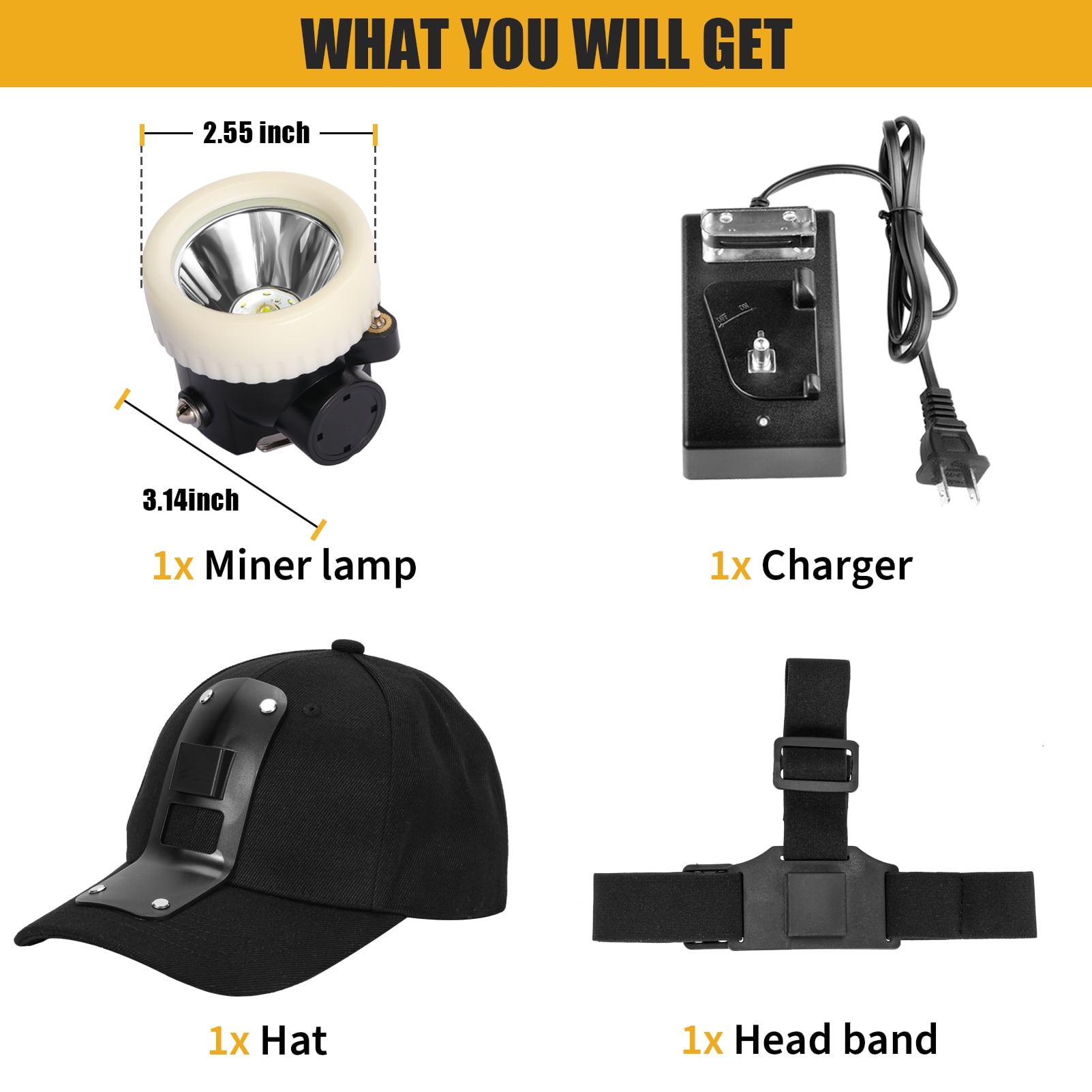 Yongkist LED Mining Headlamp Rechargeable Waterproof Headlight with Miner Cap, Super Bright 1+6 LED White Light, Lightweight, Long-Lasting for Work Camping Hiking Emergency Use