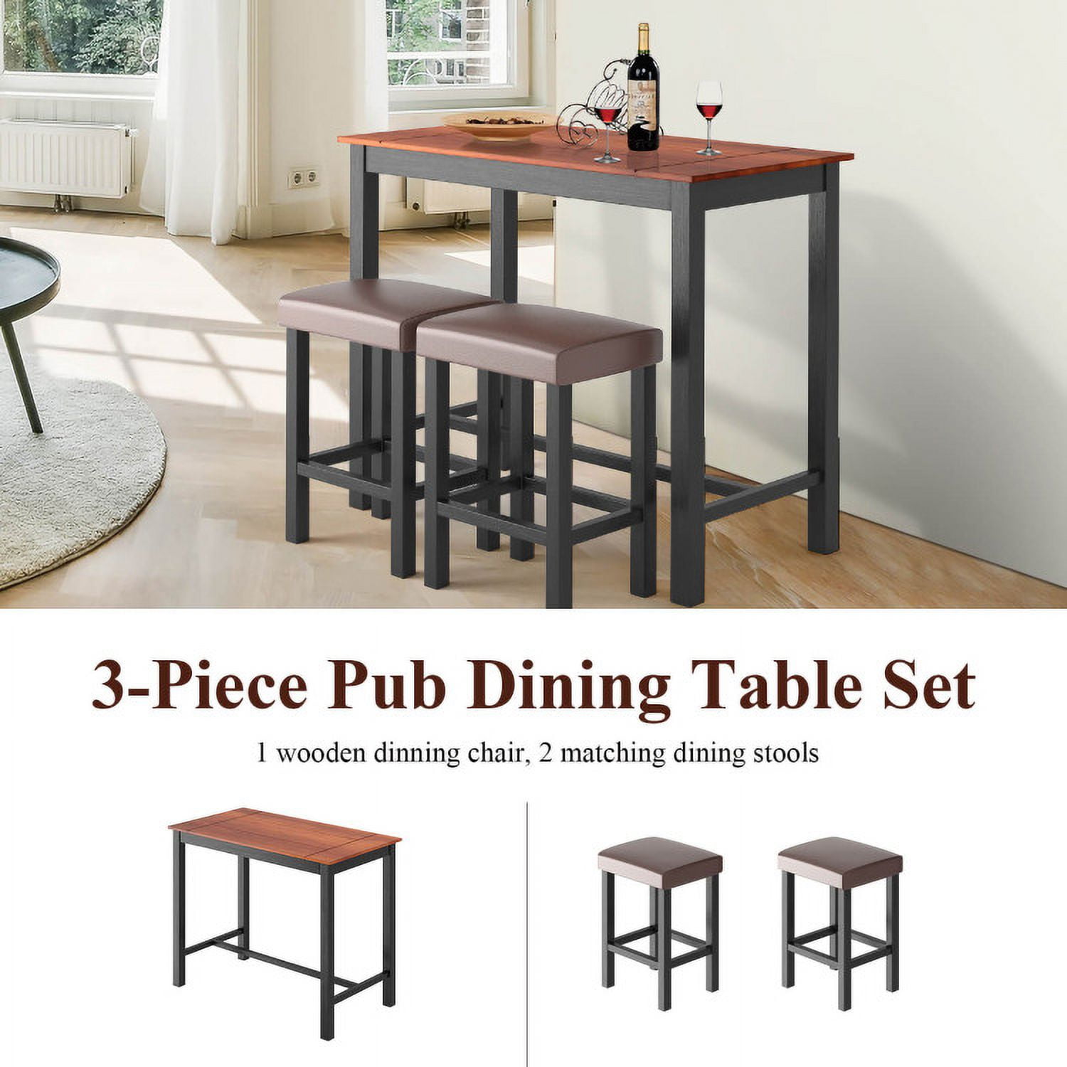 Finihen Dining Set, Dining Table Set, 3 Piece Set Pub Dining Table with Stools, for Home, Restaurant, Brown Finihen Dining Set, Dining Table Set, 3 Piece Set Pub Dining Table with Stools, for Home, Restaurant, Brown