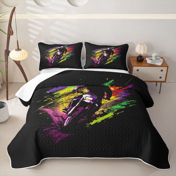 Castle Fairy Urban Motorbike Twin Quilt Set,Paint Burst Decor Twin Coverlet Set for Bedroom,Blue Pink