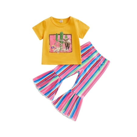 

Jkerther Baby Girl Clothes Bell Bottom Outfit Cow Print Short Sleeve Shirt Top Flared Pants Set Cowgirl Summer Outfit