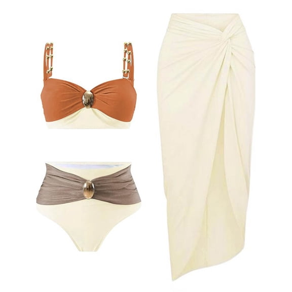 Women Swimming Costumes 3 Piece Swimsuit Beach Swimwear Matching Long Skirts V Neck Padded Swimwear Tankinis with Sarong Beach Cover Up Bathing Suit Bikini Beachwear Set White S