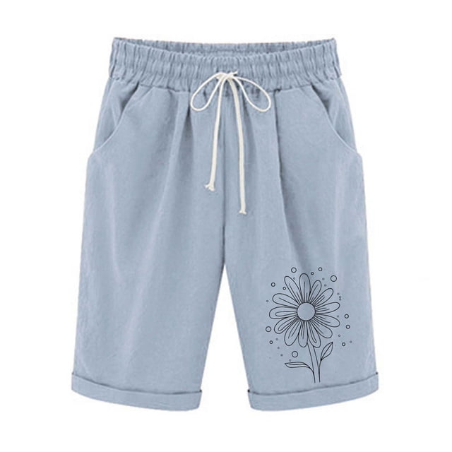 Pantalones Cortos de Verano para las Mujeres de Cintura Alta Estampado Elástico Cordón de Cintura, Casual Bolsillos Pantalones de Pijama