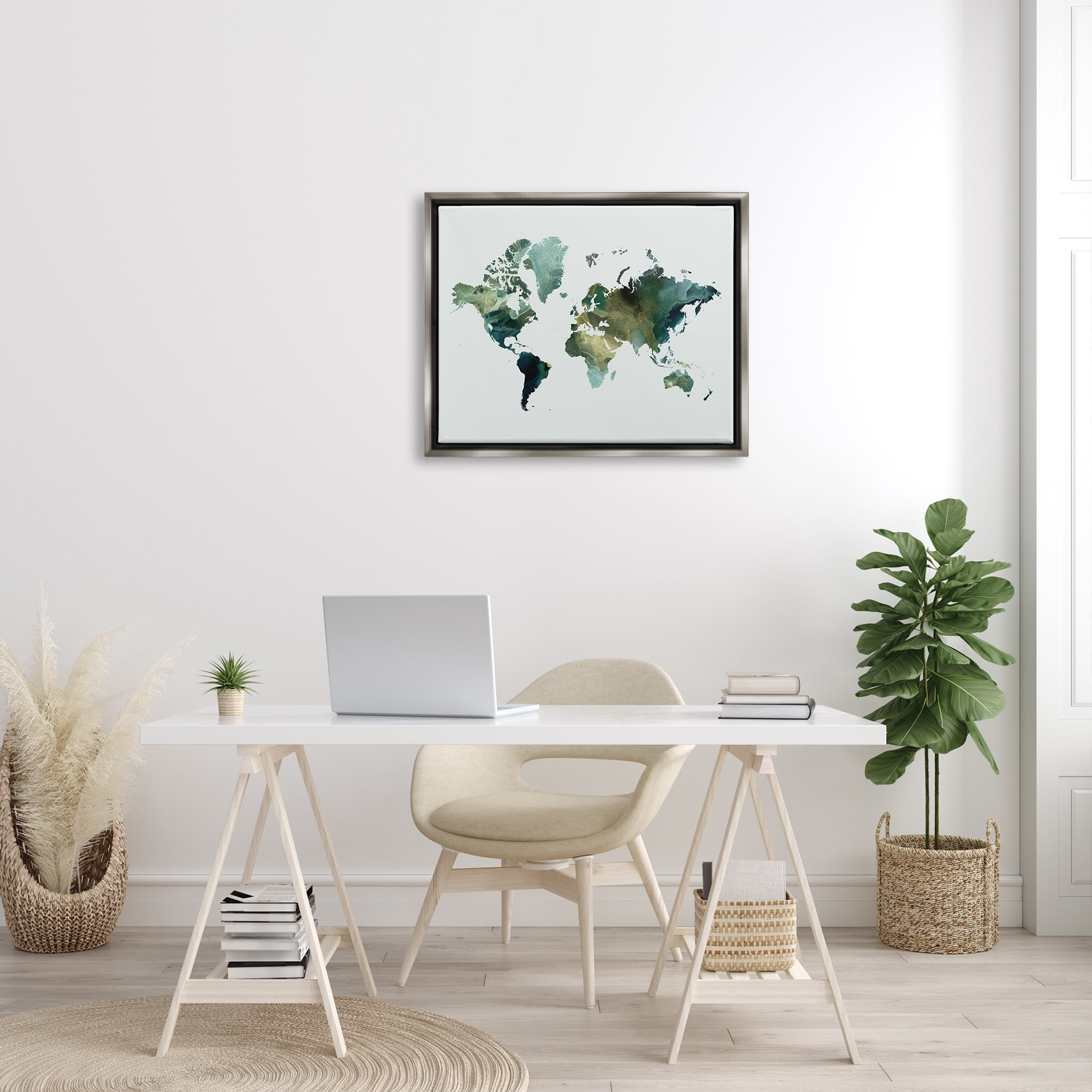 Stupell Green Toned World Map Travel & Places Painting Gray Floater Framed Art Print Wall Art