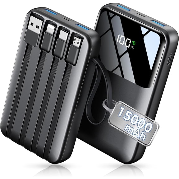 Power Bank, 15000mAh Portable Charger with Built in Cable, 22.5W Fast Charging, 6 Outputs, Slim Travel Essential Battery Pack LED Display, Compatible iPhone 17/16/15/14/13, iPad Black