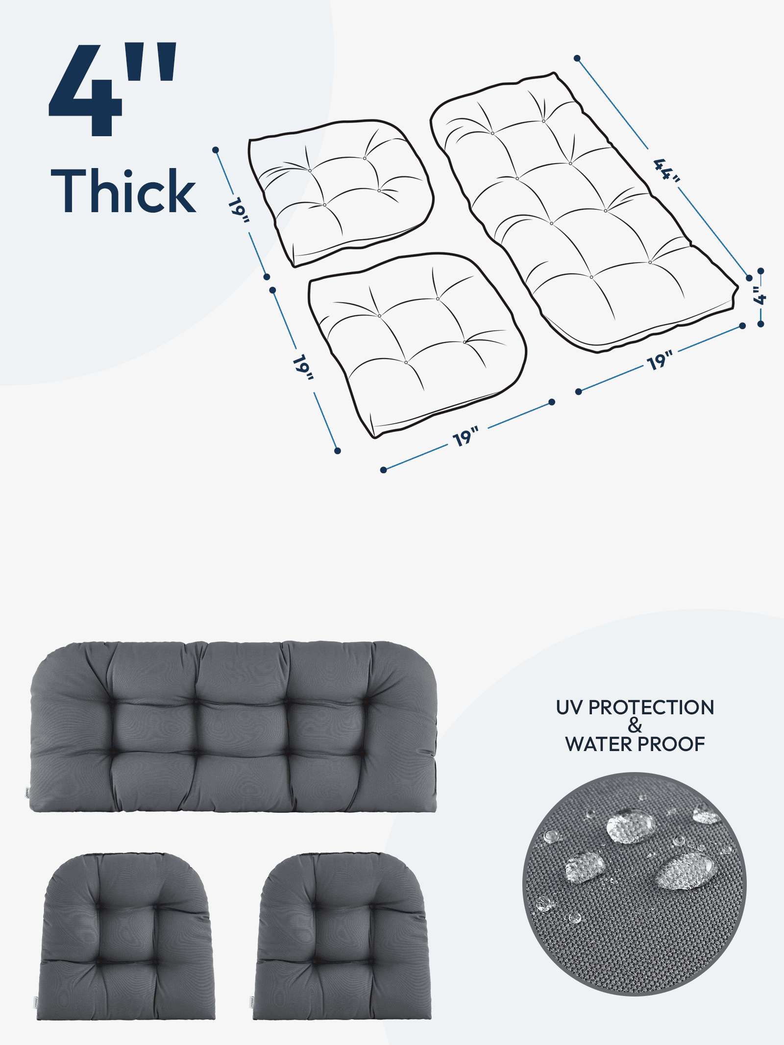 ZEOLABS Outdoor Wicker Chair Cushions of 3 Pieces Waterproof Tufted Seat Cushions set for Patio Furniture Sofa Bench Settee Couch, 1 Loveseat and 2 U-Shaped Cushions, Dark Grey