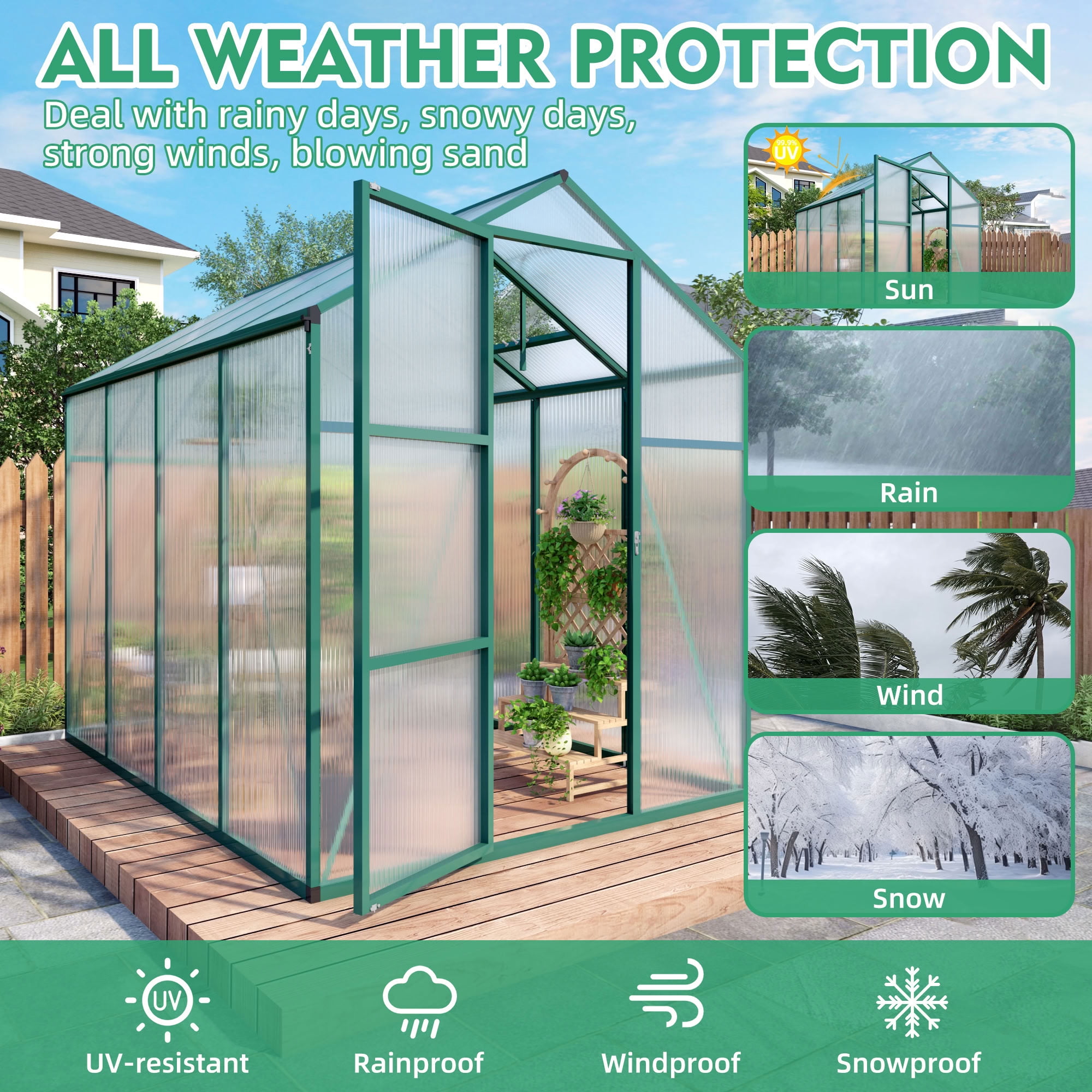 MAYEERTY 6x8 FT Walk-in Greenhouse with Raised Base, Aluminum Frame & Polycarbonate Panels, All-Season Outdoor Greenhouse