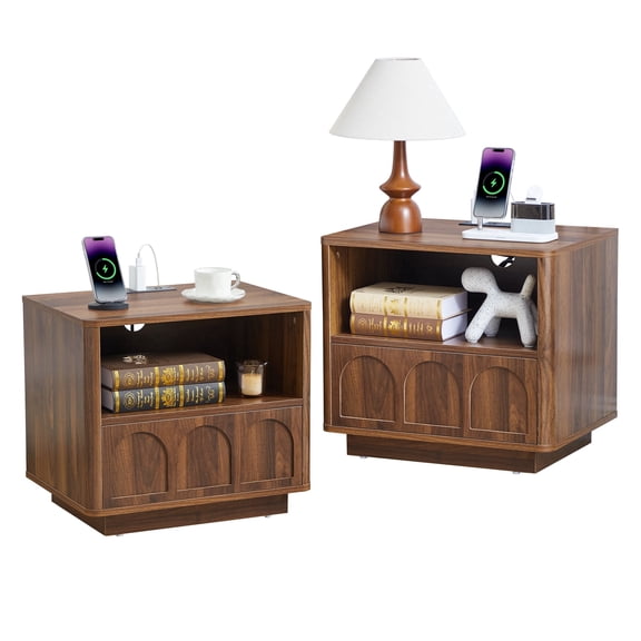 Wirrytor Set of 2 Modern Nightstands with Charging Station, Fluted Bedside Tables with Storage Drawers and Open Shelf for Bedroom and Living Room, Brown
