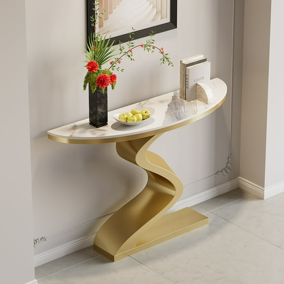 Homary Modern Console Table 39.4" White & Gold Curved Console Table with Sintered Stone Top Half Moon Shape