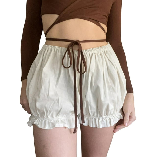 Gupgi Women White Bloomer Shorts Summer Casual Solid Color Elastic Band Ruched Pettipants Short Pants