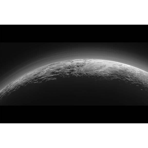 24x36 gallery poster, Pluto's icy mountains and flat ice plains, imaged by New Horizons 15 minutes after its closest approach to Pluto