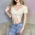 thumbnail image 3 of KOMOO Women Halter Crop Tops Short Sleeve Split Folding Tops Solid Color V-neck Short Shirt Tops, 3 of 9