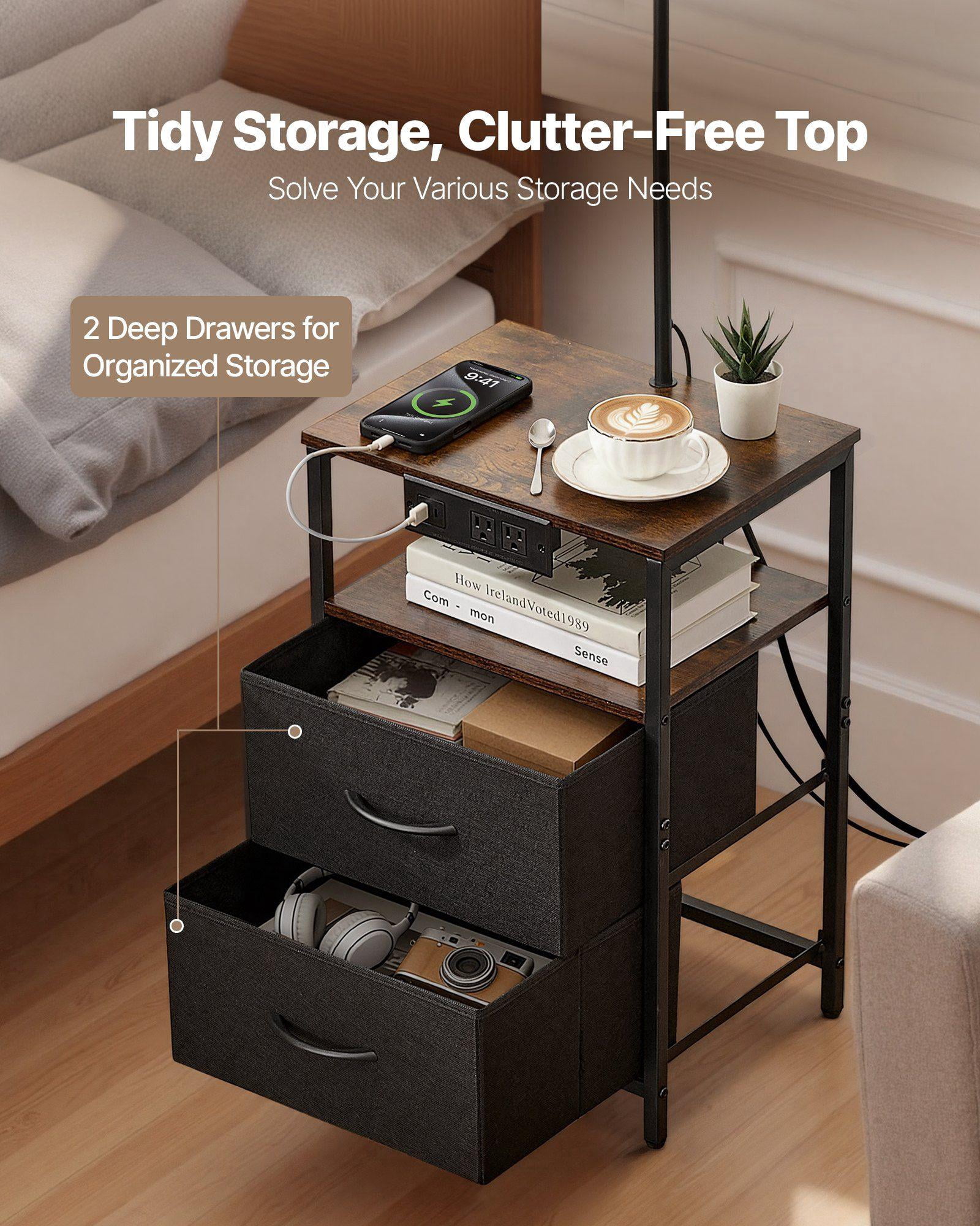 Modern 2 Tier End Table Floor Lamp with 2 Drawers 3 Color Temperature LED Bulb USB Type C AC Charging Port for Living Room Bedroom Dorm