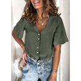 thumbnail image 4 of QWZNDZGR Womens Casual Solid Color Short Sleeve Shirt V Neck Button Down Blouses, 4 of 5