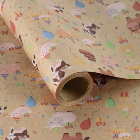 Farm Animals Kids Kraft Birthday Wrapping Paper Roll, Baby Barn Animal Gift Wrap Paper 17 in x 10 ft