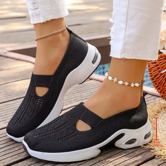 HTHLVMD Hollow Knit Air‑Cushion Sneakers, Women's Walking Shoes: Breathable, Comfortable, Non-Slip, Lightweight, Arch Support, Perfect for Indoor/Outdoor, Spring/Summer/Fall, Black 5.5
