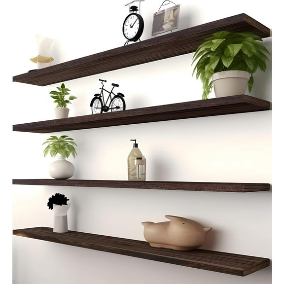 36 Inch Wood Floating Shelves for Wall, Wooden Wall Shelves for Bedroom, Set of 4 Brown