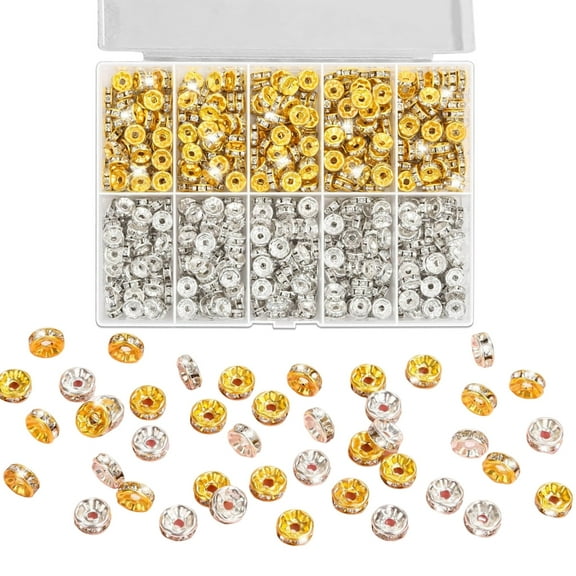YIEMEEN Bulk Pack of 600 Sparkling 8mm Silver Gold Rondelle Loose Beads Crystal Rhinestones Spacer Bead Beading Accessories