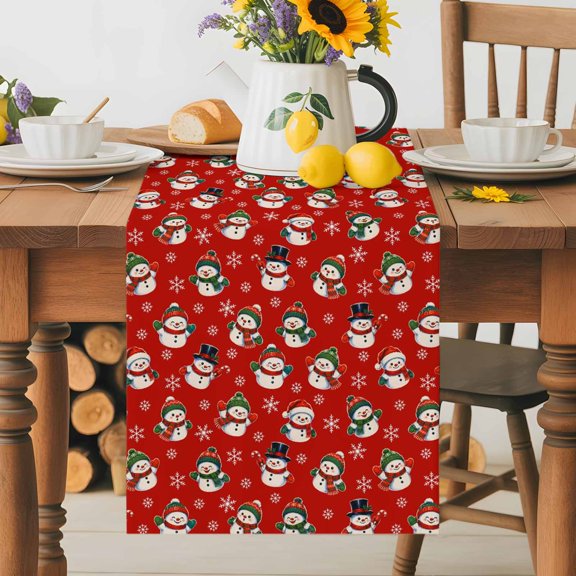 Cute Small Snowmen Table Runner 36 Inches Long, Christmas Red Background Table Runners Tabletop Scarf Kitchen Dining Tables Decoration for Home Party Indoor Outdoor