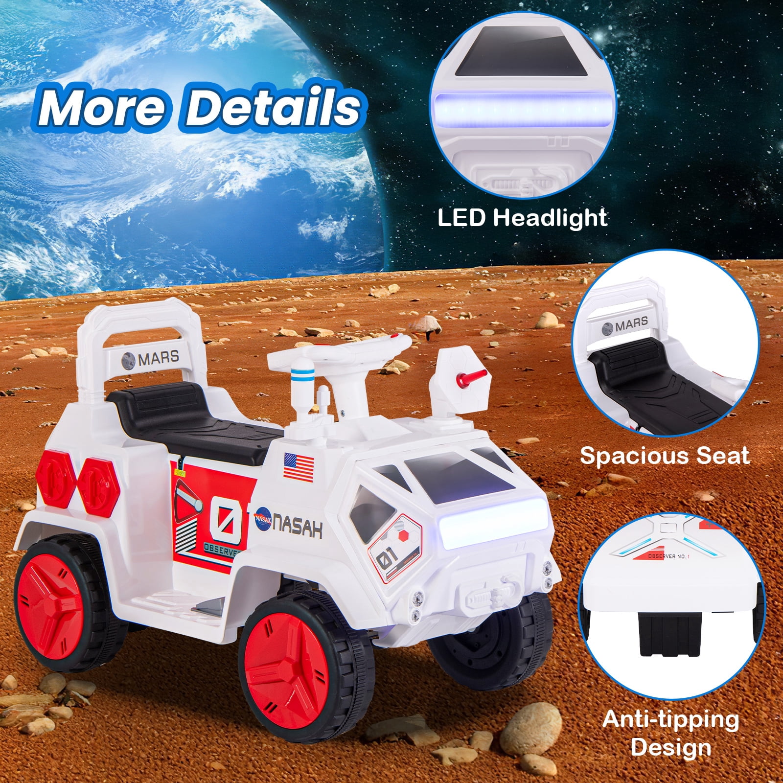 OLAKIDS Ride on Car, 6V Electric Toy for Kids with Radar, Rocket, MP3, USB, Horn, Power Display, Headlight, 4-Wheeler Battery Powered Quad Gift for Toddlers Boys Girls Age 3+
