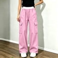 thumbnail image 2 of Tranfacy Girls 5-15 Years Fall Pants Solid Cargo Sweatpants Contrast Waistband Double Side Pockets Loose Sports Trousers, 2 of 5