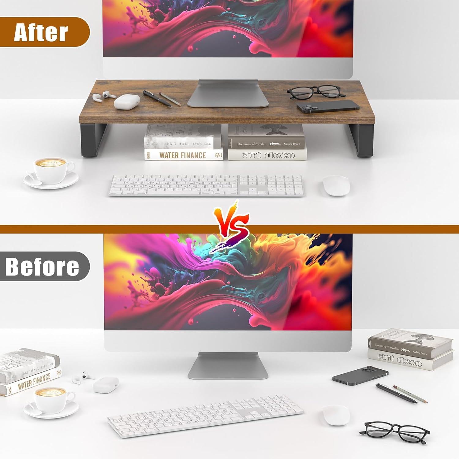 Monitor Stand for Desk, Wood & Steel Computer Stand Riser with Storage Organizer for Office Laptop, PC, Printer 24x12 inch