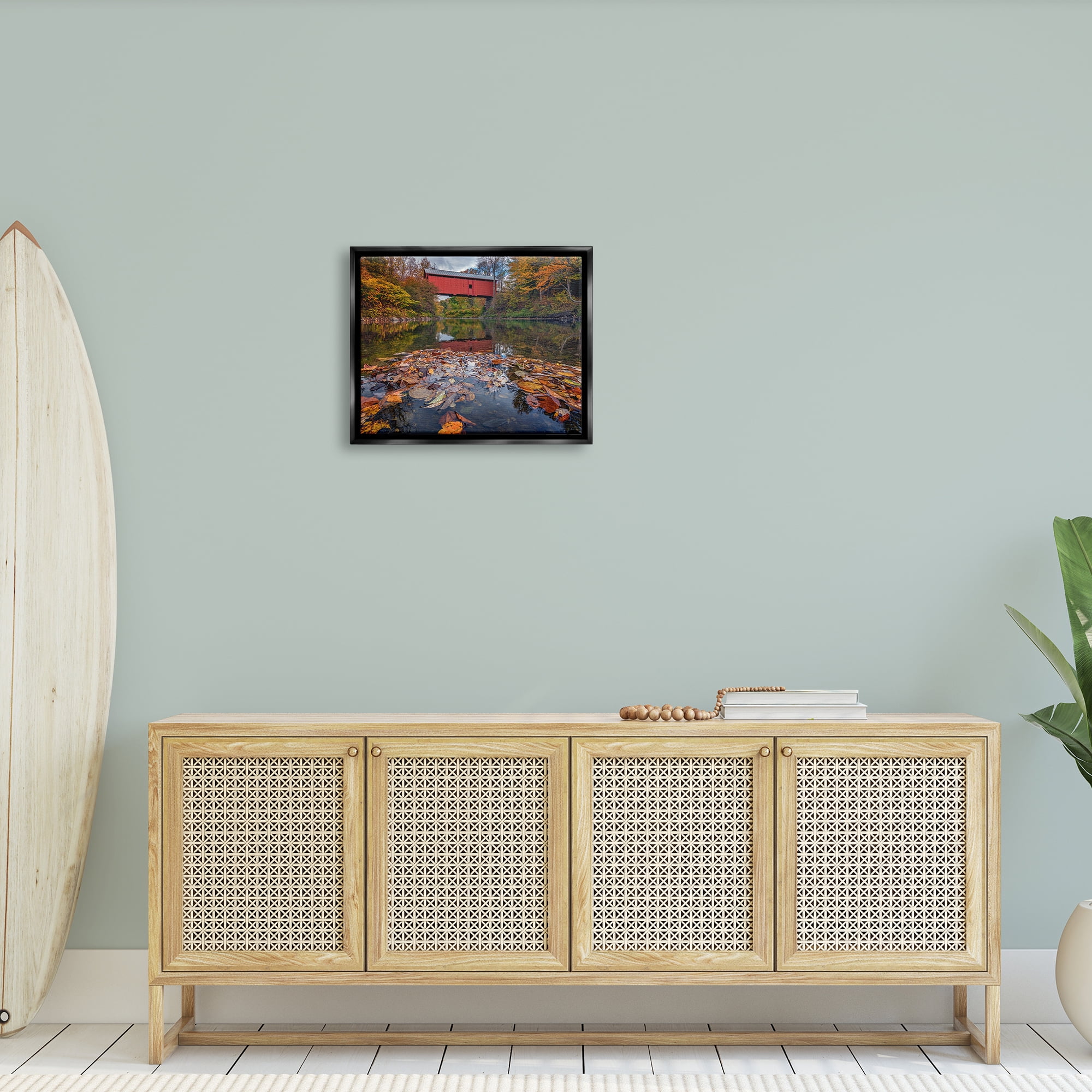 Stupell Autumnal Foliage River Bridge Landscape Photography Black Floater Framed Art Print Wall Art