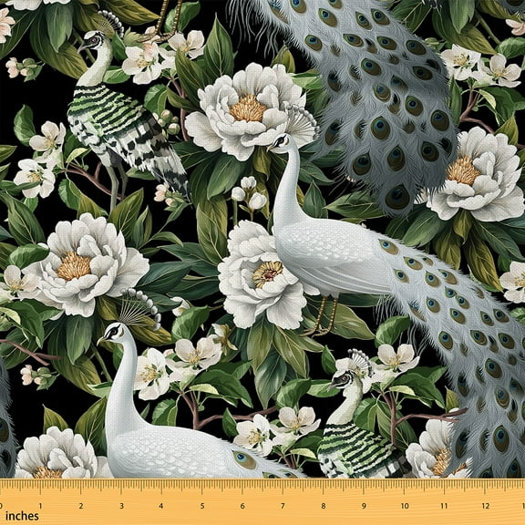 Homewish White Peacock Fabric by the Yard 1 Yard,Zoo Animal Home Decor Fabric by the Yard,White Flower Floral Sewing Fabric For Girls Kids,Ultra Soft Home Decor