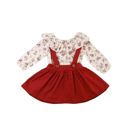 

Bmnmsl Baby Girl Dress Set Round Neck Flower Print Blouse Straps Skirt