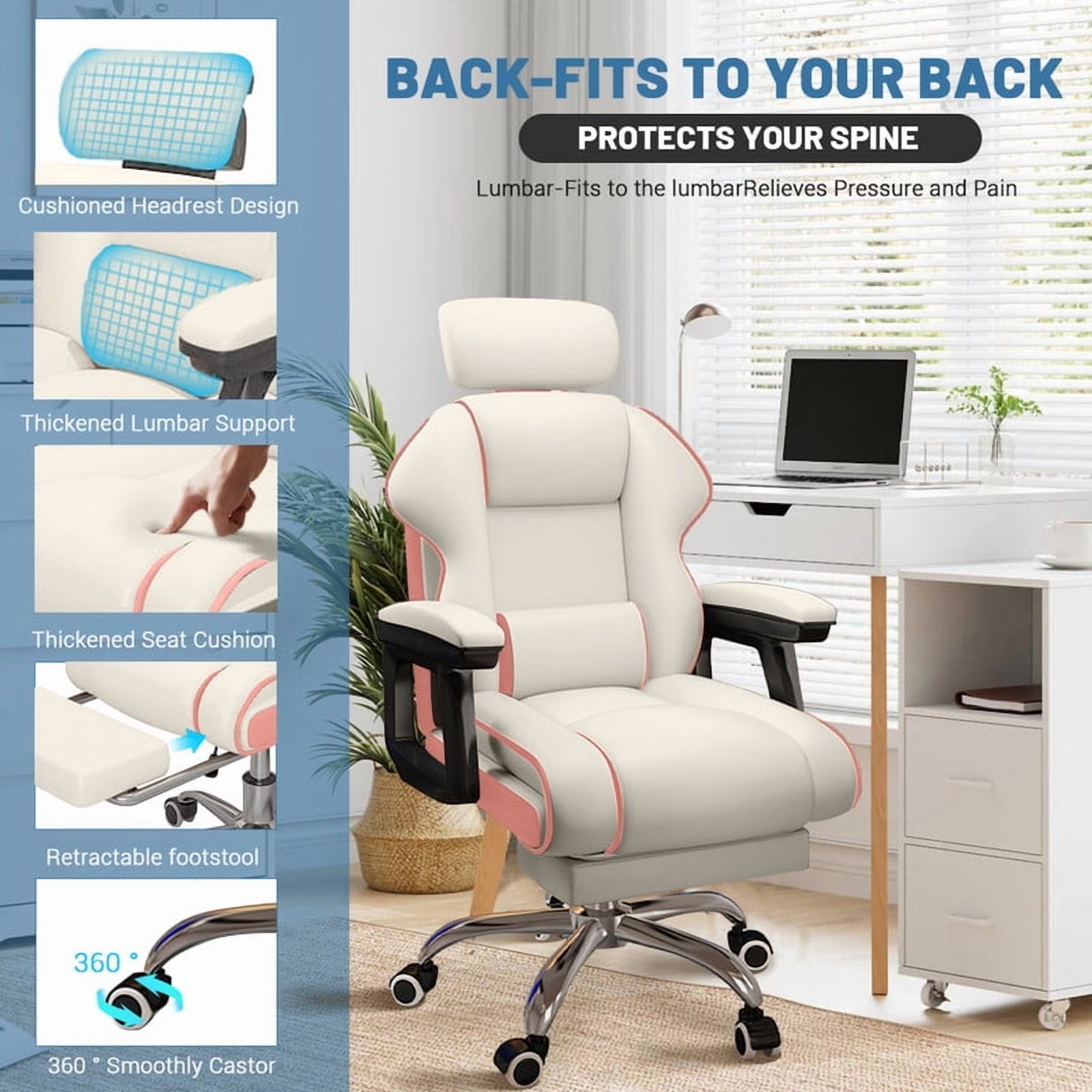 WXJHL Executive Computer Chair Home Office Desk Chair,Adjustable Angle, Ergonomic Adjustable Height PU Leather Chairs with Cushions Armrest for Long Time Seating-High Office Chair （White-Pink）