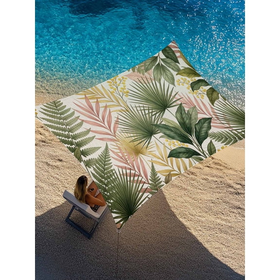 Green Pink Yellow Leaf Sun Shade Sail 12' x 16', Watercolor Summer Palm Leaf Beige Rectangle Outdoor Sunshade Canopy, Waterproof UV Block Patio Covers for Garden Yard Beach
