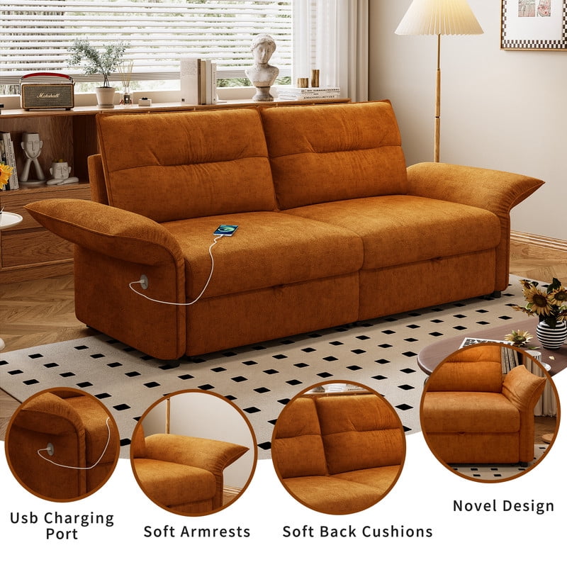 85" Convertible Sofa Bed, 2-in-1 Sleeper Sofa with Plush Fabric, Full-Size Pull-Out Couch with USB Charging Ports, Solid Wood Frame, High-Resilience Foam for Living Room & Small Space