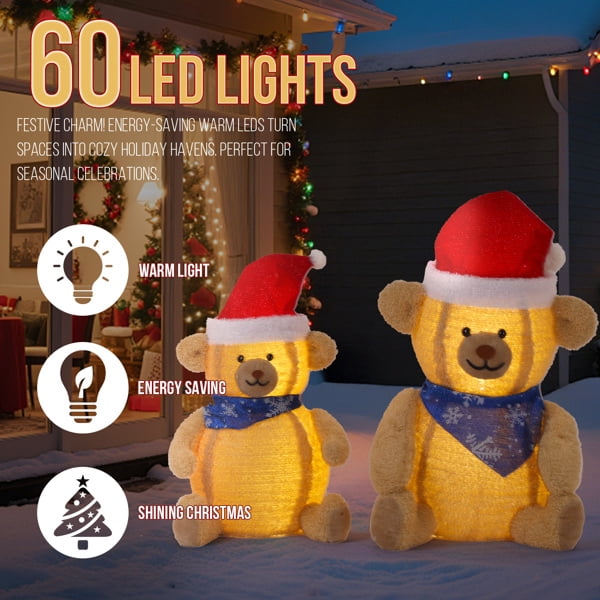 2-Pack Lighted Plush Bear Christmas Decorations, 60 Warm White LEDs, Pull-Up Design for Indoor, Outdoor, Home, Yard Use
