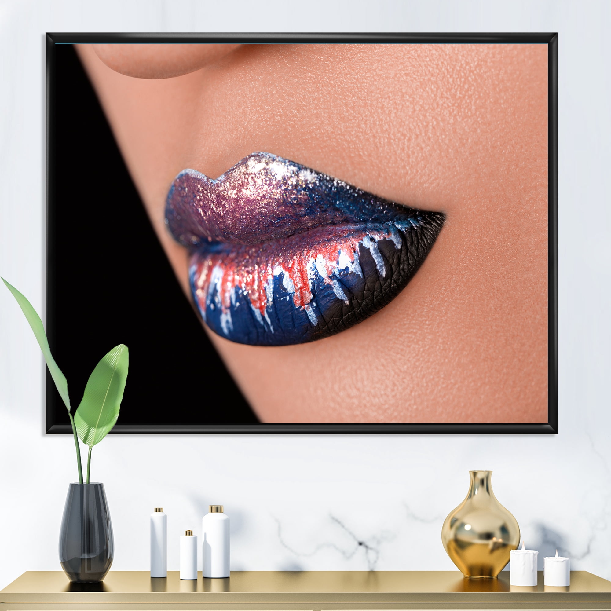 Designart 'Fashion and Creative Make Up On Woman Lips' Modern Framed Canvas Wall Art Print