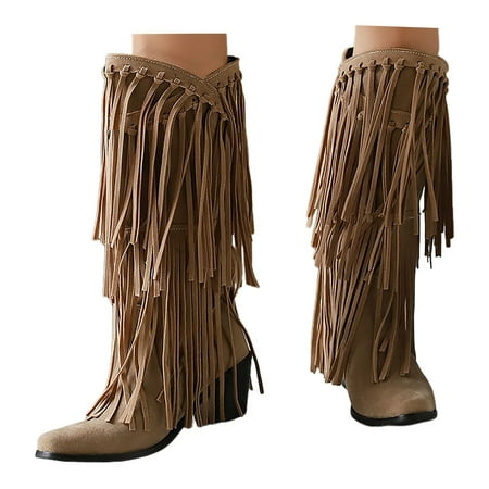 Oyedens Wide Mid Calf Cowboy Cowgirl Boots for Women Boho Vintage Long Tassel Western Riding Boots