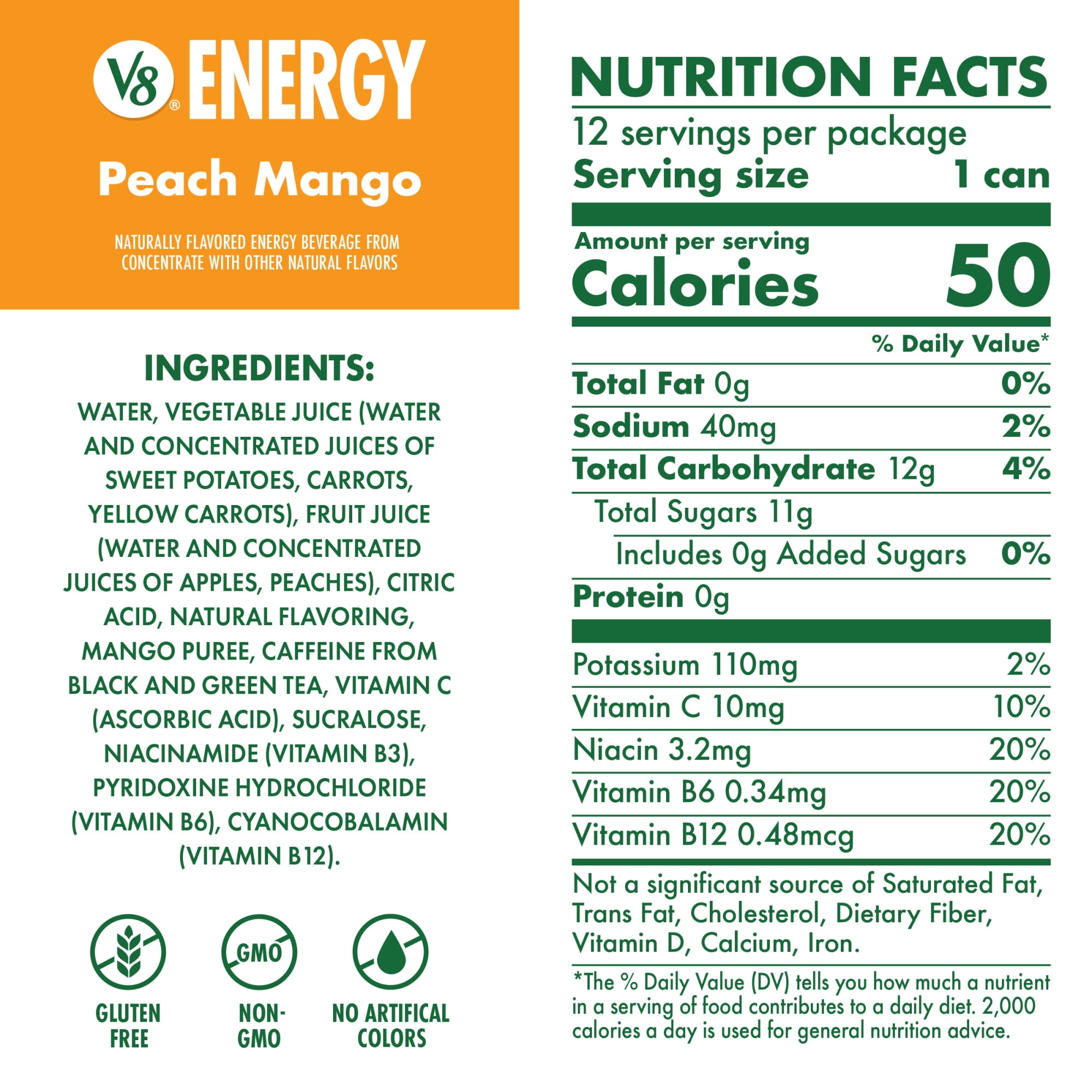 (2 pack) V8 Energy Peach Mango Energy Drink, 8 fl oz Can (24 Pack)