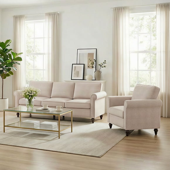 Mjkone Ensemble de Canapé de Salon 2 Pcs, Ensemble de Canapés Sectionnels et de Sofas en Tissu de Lin pour Salon, Incluant Canapé 3 Places et Fauteuil, Beige