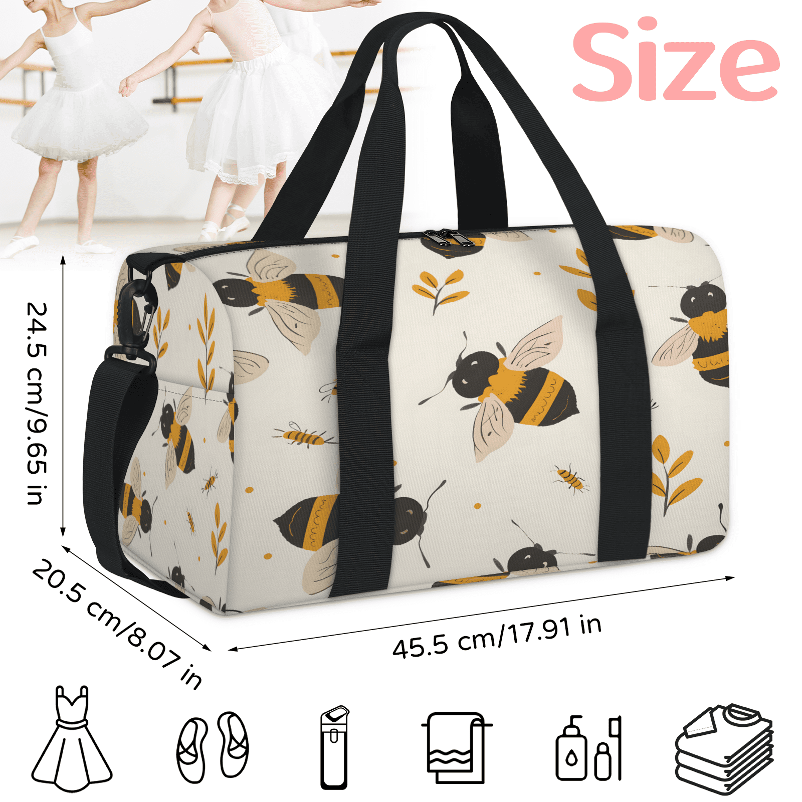 Herdesigns Honey Bee Gym Bag for Women, Duffle Bag for Travel Sport, Lightweight Waterproof Carry on Weekender Overnight Dance Yoga Workout Bags