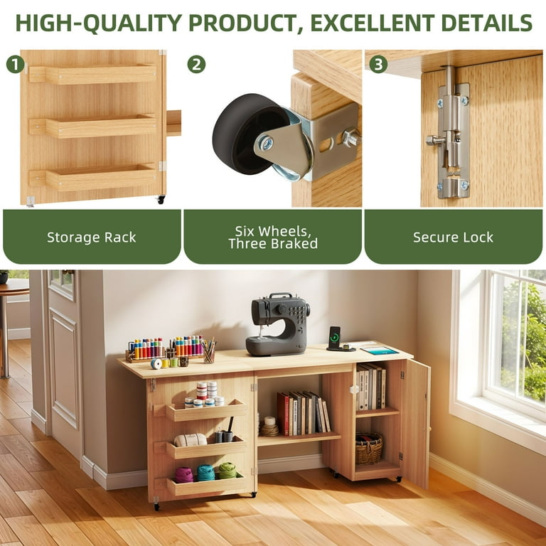Uforic Folding Sewing Craft Table with Storage Shelves and