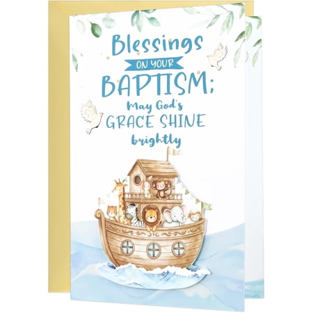 WaaHome Baptism Card for Boys Girls - 3D Cutout Noah Ark Design Religious Blessing Greeting Card with Envelope & Sticker, 300GSM Thick Cardstock, Keepsake Gift for Grandson Granddaughter 5.5x8
