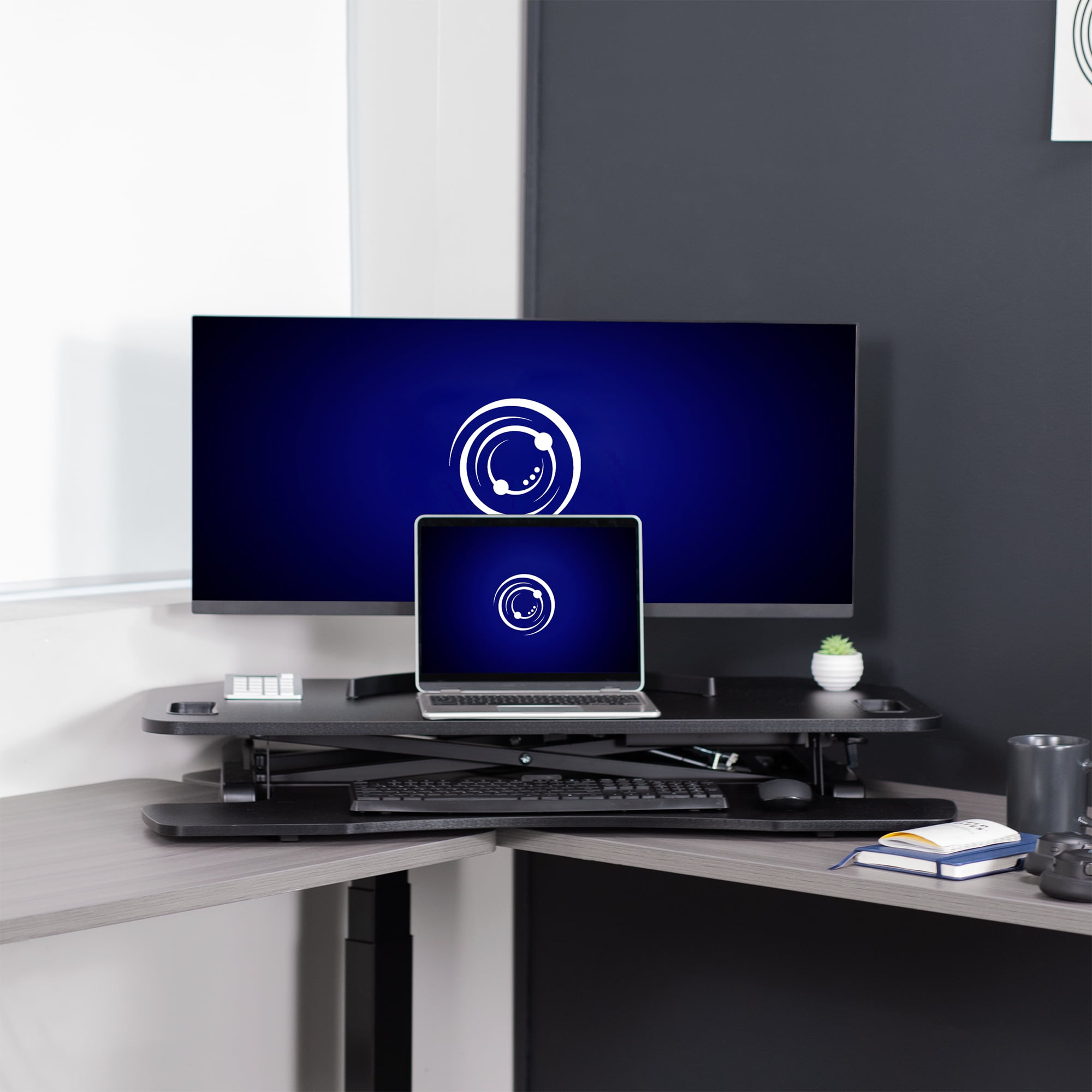 VIVO Black Height Adjustable Corner Desktop Monitor Riser 38" Sit Stand Tabletop