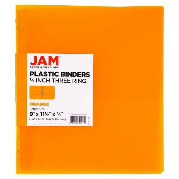 JAM Paper Plastic Binder, 11.5 x 10.25 x 1/2 in, Orange, 1 Pack