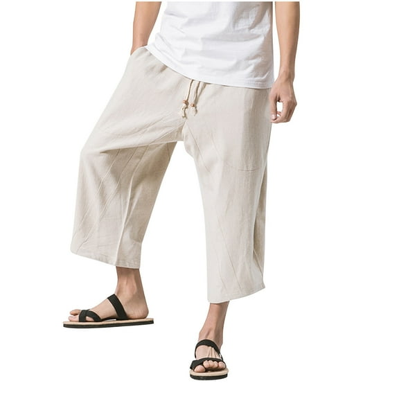 WRKEKC Mens Plus Size Harem Pants Fashion Linen Capri Pants Trendy Loose Cotton Linen Cropped Trousers for Men Daily Fashion Unique Style