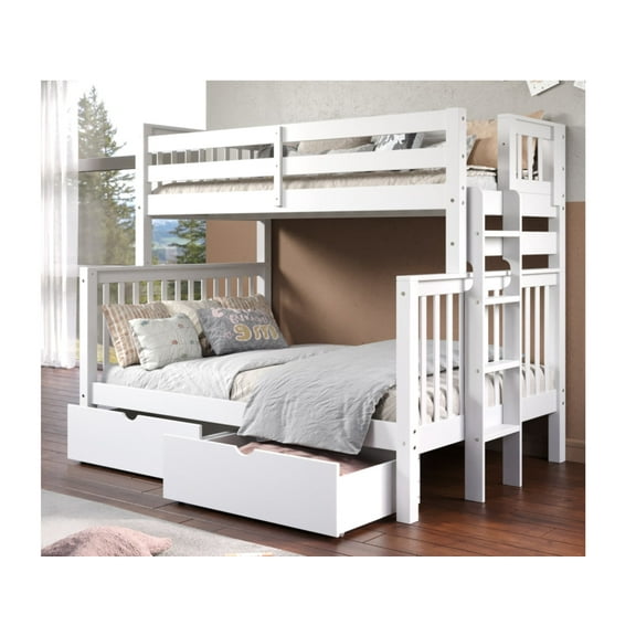 Bedz King Wood Twin over Full Bunk Bed with 2 Under Bed Drawers in White
