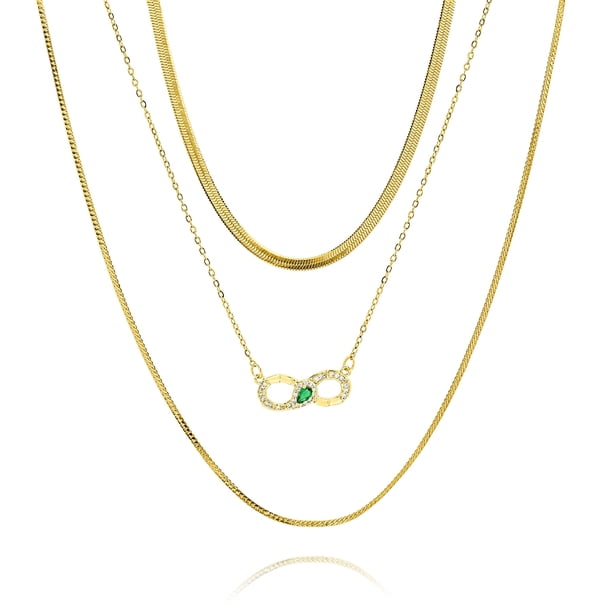 Juego de Collar JeenMata con Capas de 3 Pzas con Dijes de Infinito y Piedras Preciosas en Oro Amarillo