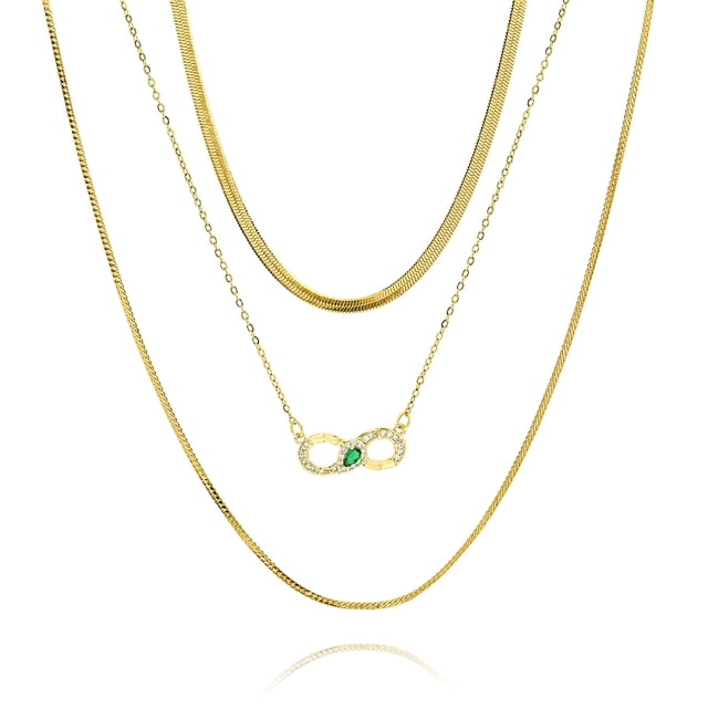 Juego de Collar JeenMata con Capas de 3 Pzas con Dijes de Infinito y Piedras Preciosas en Oro Amarillo