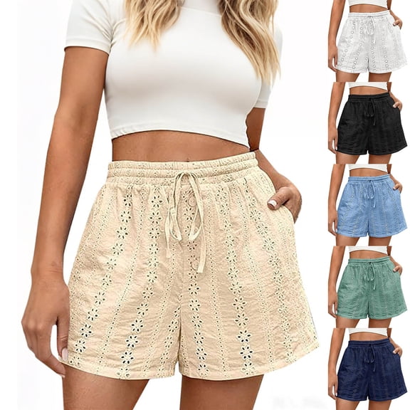 Women's Summer Casual Lace Elastic Waist Shorts Cute Eyelet Beach Vacation