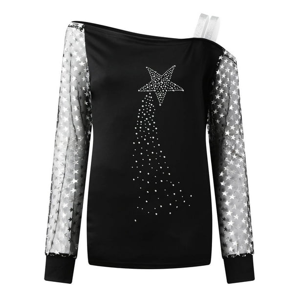 Fesfesfes Clearance Women Mesh Sleeve Tops Casual One Shoulder Straped Tops  Loose Shiny Sequin Blouse Pullover Tunic Tops 
