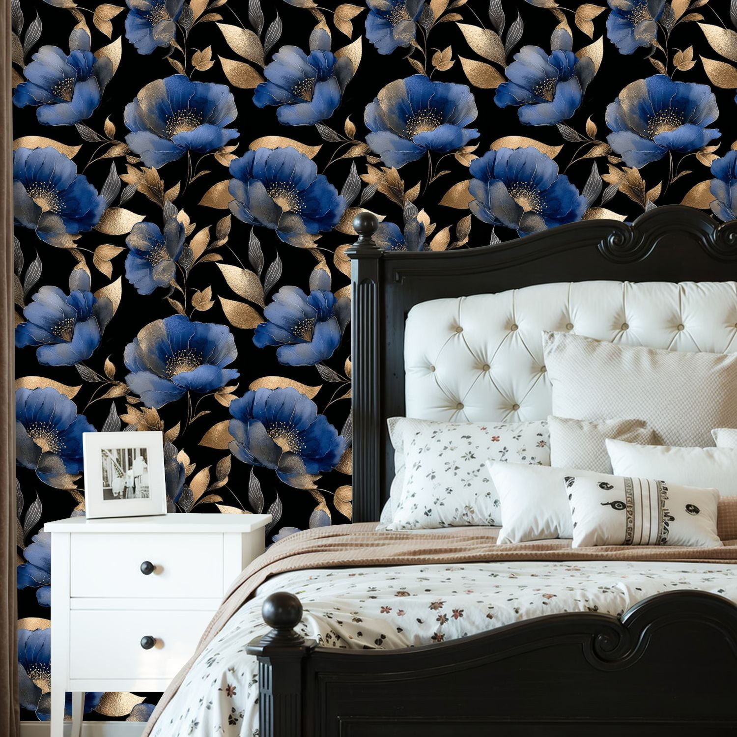 Peel and Stick Wallpaper 23.6in x 9.8ft Elegant Blue Gold Floral Black Contact Paper Vinyl Self-Adhesive Removable Wall Paper for Bedroom DIY Home Decor Renter Friendly