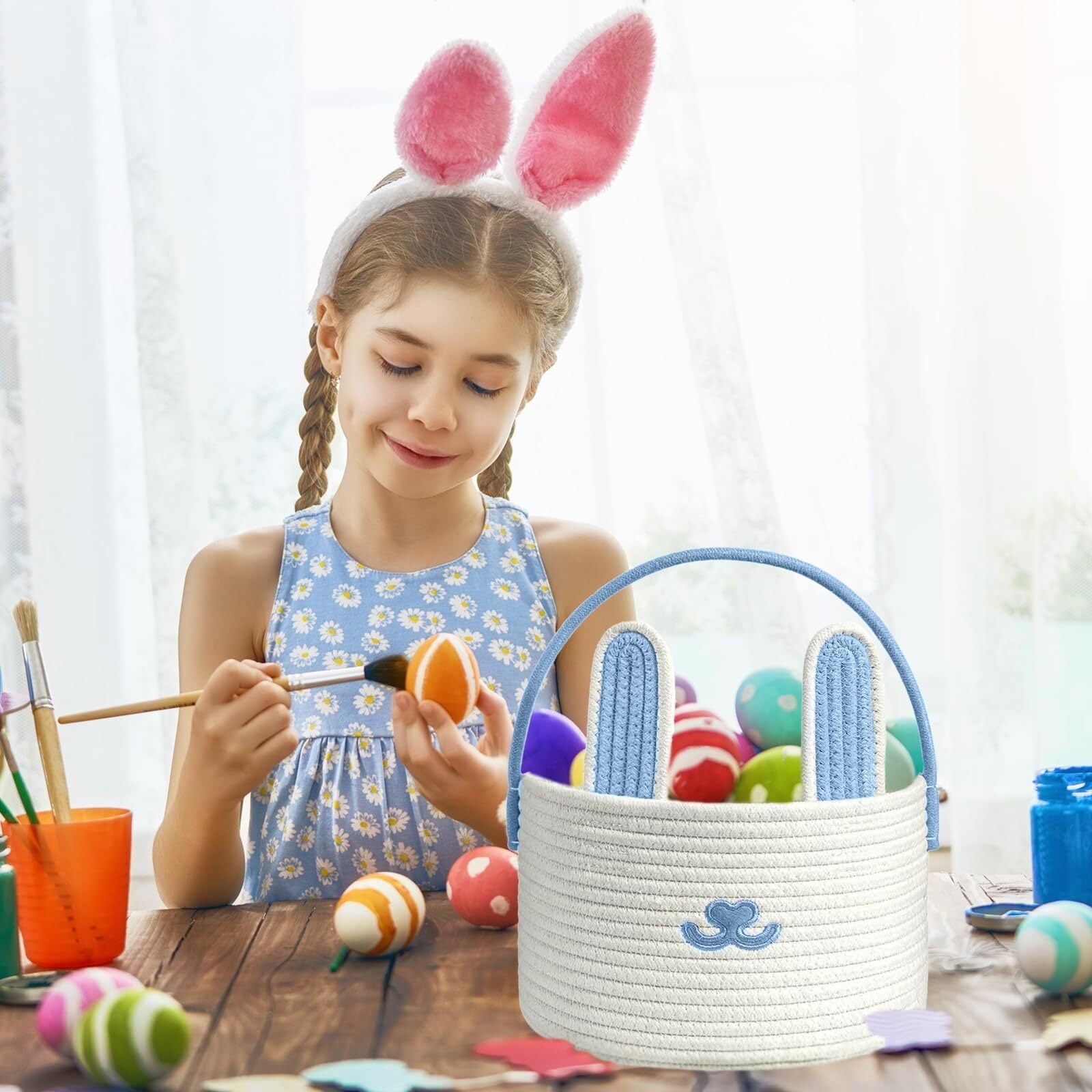 Cute Easter Basket, Large Easter Bunny Basket, Woven Cotton Rope Baby Egg Easter Baskets for Girls, Boys, Toddler, Babies, Infant, with Gift Bags and Ribbons, Pink